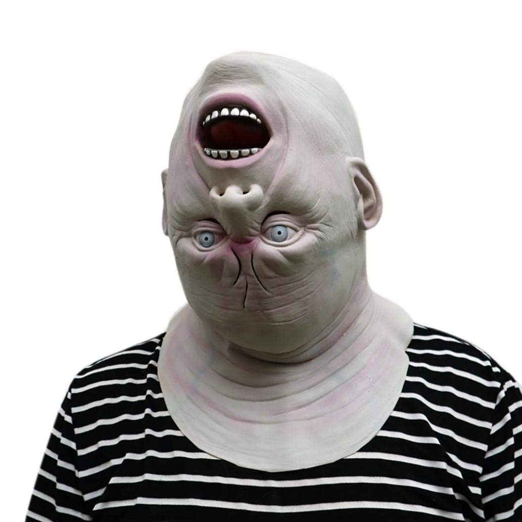 man wearing a mask that makes his head look upside down