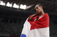 Sifan Hassan, of Netherlands reacts after winning the gold medal in the final of the women's 10,000-meters at the 2020 Summer Olympics, Saturday, Aug. 7, 2021, in Tokyo, Japan. (AP Photo/Charlie Riedel)