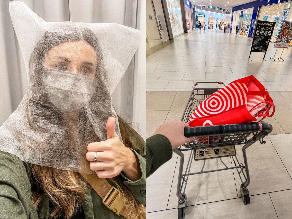 writer with mesh head covering in japanese mall (left); cart (right)