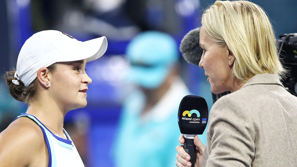 Pictured right is Aussie tennis icon Rennae Stubbs chatting with Ash Barty.