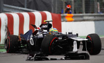 MONTREAL, CANADA - JUNE 08: Bruno Senna of Brazil and Williams crashes at the last corner during practice for the Canadian Formula One Grand Prix at the Circuit Gilles Villeneuve on June 8, 2012 in Montreal, Canada. (Photo by Paul Gilham/Getty Images)