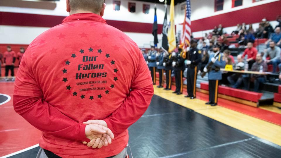 The 6th Annual Wrestling for Heroes Match between Cinnaminson and Rancocas Valley was held at Cinnaminson High School on Wednesday, January 25, 2023.  