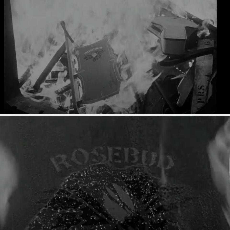 Film frames showing a sled with "ROSEBUD" burning in a furnace