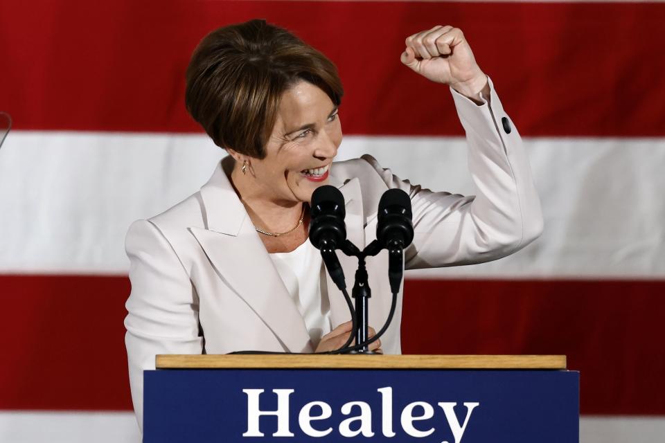 Massachusetts Gov.-elect Maura Healey speaks during a Democratic election night party Tuesday, Nov. 8, 2022, in Boston. (AP Photo/Michael Dwyer)