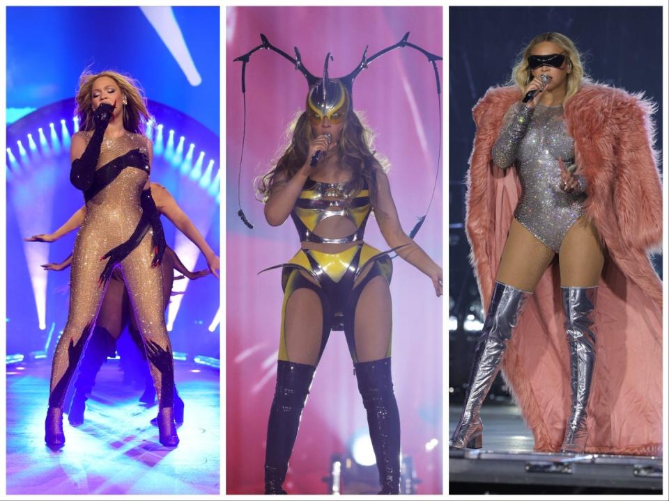 (L) Beyonce performing on stage in a Loewe catsuit with hand shaped embellishments at her concert in Stockhold, Sweden (C) Beyonce at her concert in London wearing a bee bodysuit which was designed by Mugler. She is also wearing knee high black boots and a helmet with bee antenna (R) Beyonce at her concert in New Jersey holding the microphone in one hand while wearing an embellished bodysuit and silver thihg-high boots. She is also wearing a pink goat fur floor-length coat over her shoulders.