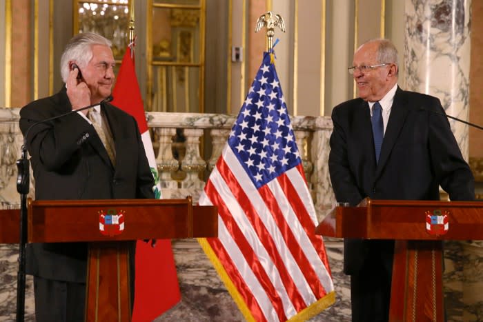 Peru's President Pedro Pablo Kuczynski and U.S. Secretary of State Rex Tillerson speak to press at the Government Palace in Lima, Peru. Guadalupe Pardo / Reuters