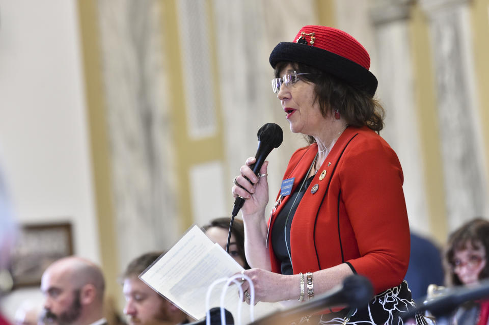 Rep. Lola Sheldon-Galloway, R-Great Falls, speaks on the house floor of the State Capitol in Helena, Mont. on Monday, Jan. 25, 2021. (Thom Bridge/Independent Record via AP)