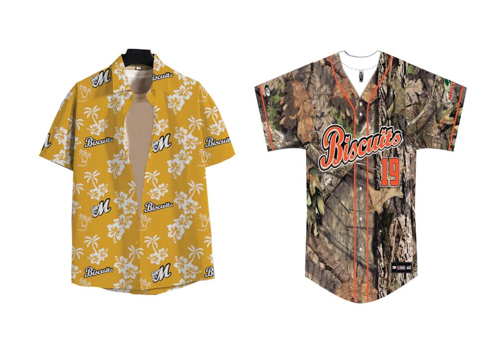 The Montgomery Biscuits are giving away Hawaiian shirts, left, and auctioning camouflage jerseys.