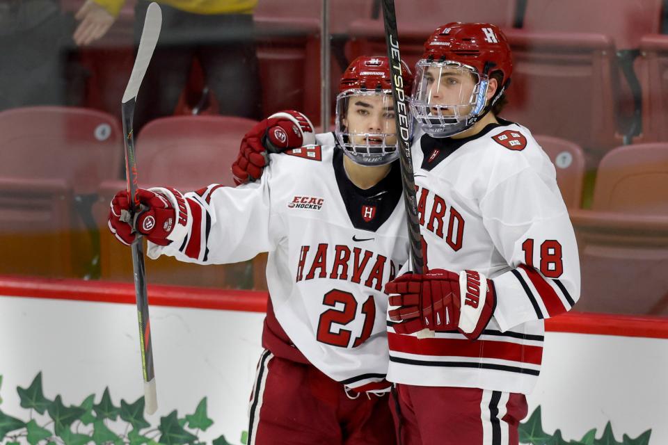 Harvard University forward Sean Farrell (21) celebrates with forward Alex Laferriere (18) after scoring a power play goal against Clarkson University during the third period of an NCAA hockey game on Friday, Jan. 13, 2023, in Cambridge. (AP Photo/Greg M. Cooper)