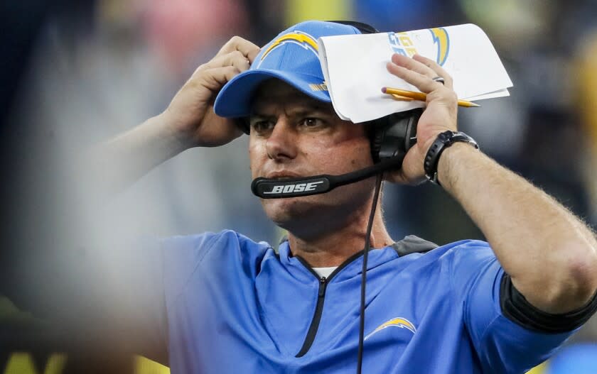 Inglewood, CA, Sunday, November 14, 2021 -Los Angeles Chargers head coach Brandon Staley on the sidelines during a game against the Minnesota Vikings at SoFi Stadium. Robert Gauthier/Los Angeles Times)