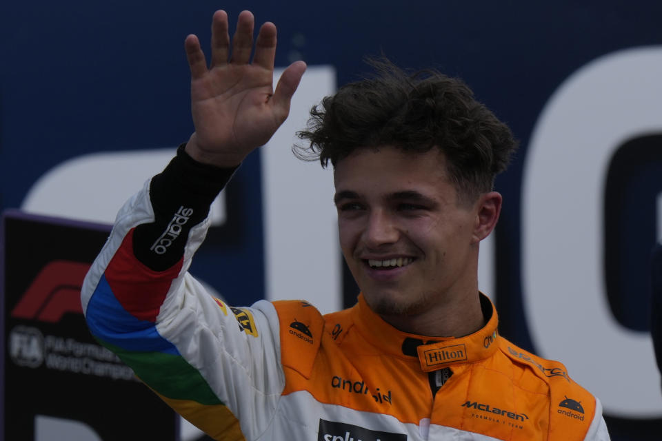 McLaren driver Lando Norris of Britain celebrates his second place at the British Formula One Grand Prix race at the Silverstone racetrack, Silverstone, England, Sunday, July 9, 2023. (AP Photo/Luca Bruno)