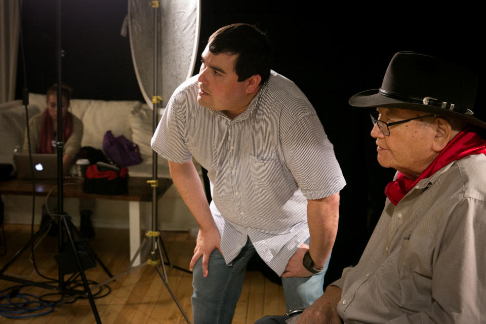 <em>Filmmaker Jeffrey Palmer with N. Scott Momaday on set of PBS' American Masters "Words From a Bear." (Photo/Courtesy of Jeffrey Palmer)</em>