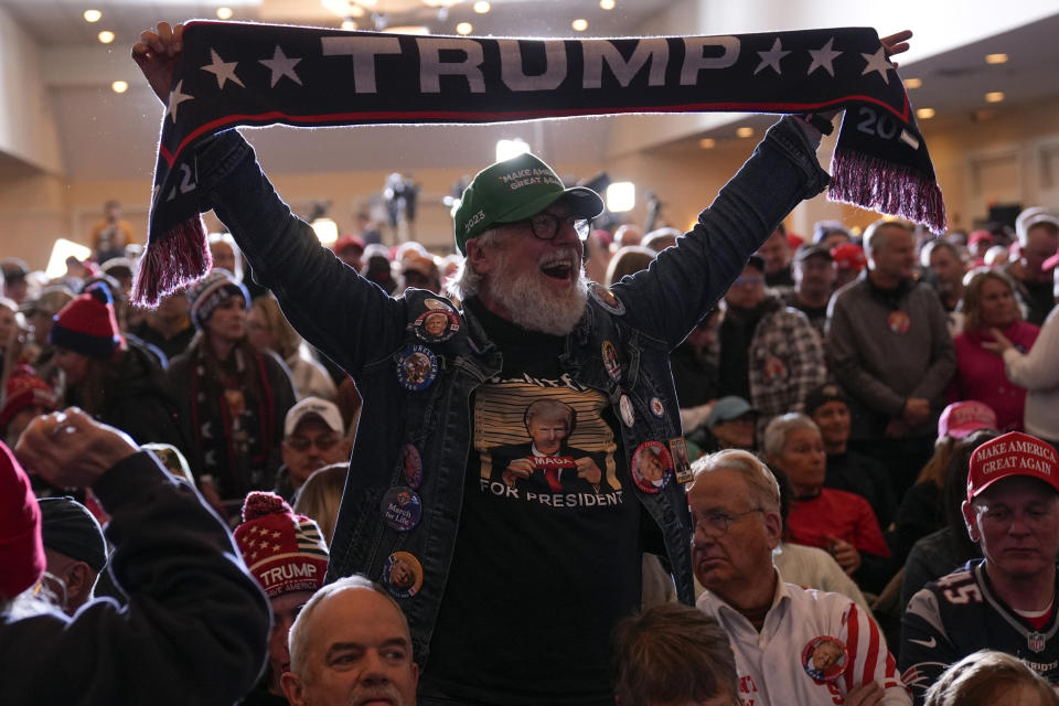 A supporter cheers as Republican presidential candidate former President Donald Trump speaks during a campaign event in Atkinson, N.H., Tuesday, Jan. 16, 2024. (AP Photo/Matt Rourke)