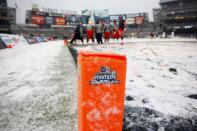 NEW YORK, NY - DECEMBER 29: Snow covers a goal marker before the New Era Pinstripe Bowl between West Virginia Mountaineers and the Syracuse Orange at Yankee Stadium on December 29, 2012 in the Bronx borough of New York City. (Photo by Jeff Zelevansky/Getty Images)