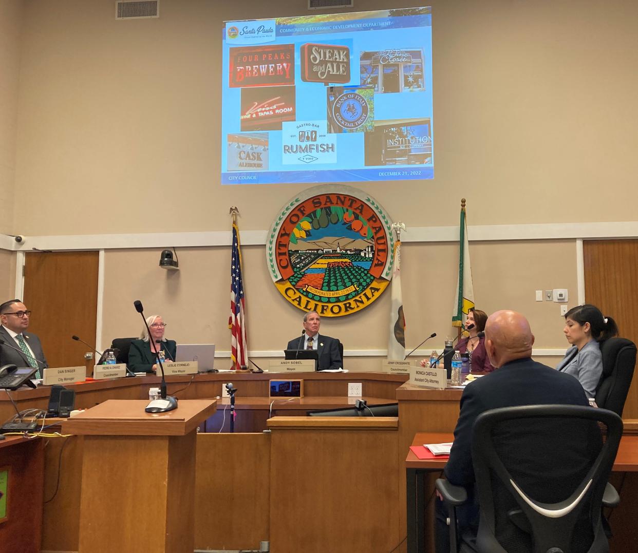 Santa Paula City Council members discuss lifting restrictions on business signs with alcohol references on Wednesday, Dec. 21, 2022.