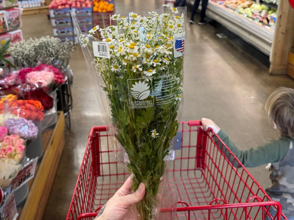 hand holding up a bouquet of chamomille flowers at trader joes