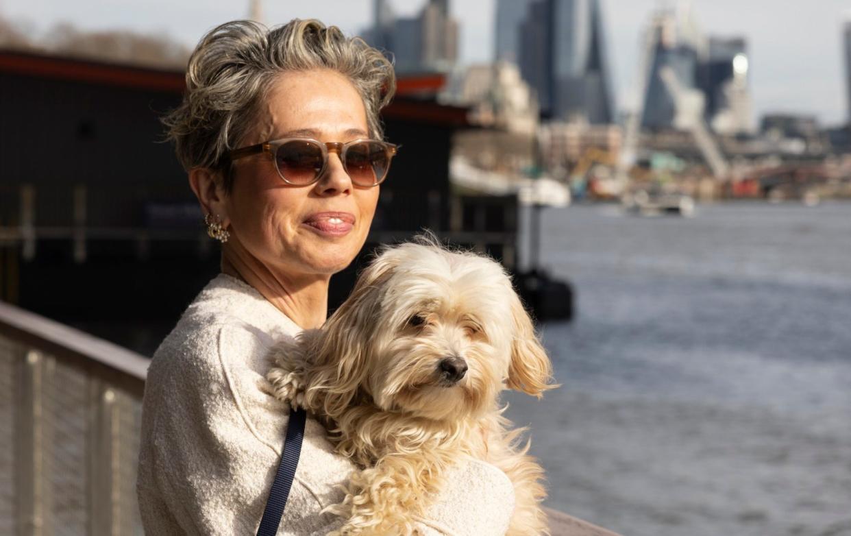 Lisa Armstrong at the Preen Fashion show with Mabel, her Havanese