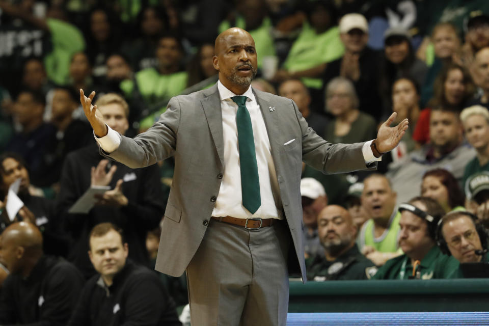 South Florida head coach Amir Abdur-Rahim reacts during the second half of an NCAA college basketball game against Florida Atlantic, Sunday, Feb. 18, 2024, in Tampa, Fla. (AP Photo/Scott Audette)