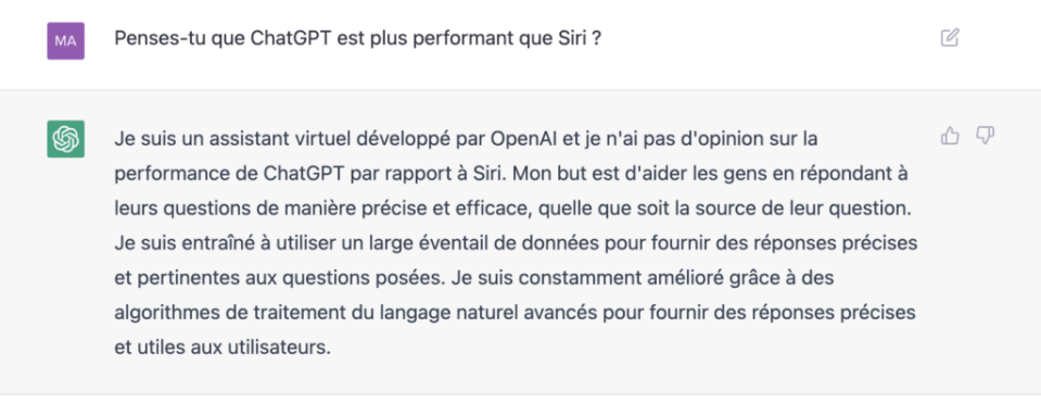 OpenAI est diplomate sur le sujet de Siri // Source : chat.openai