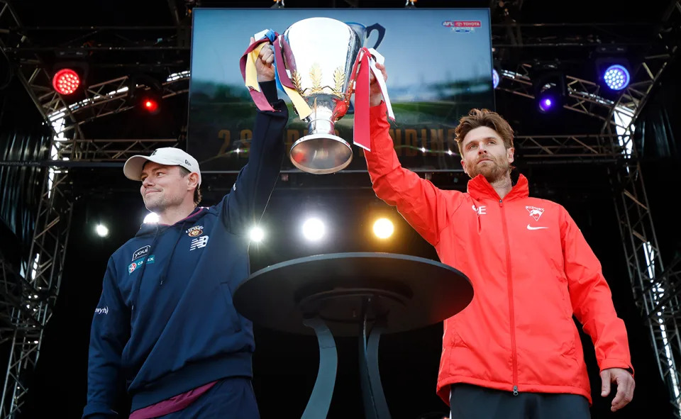 Lachie Neale and Dane Rampe, pictured here during the AFL grand final parade. 