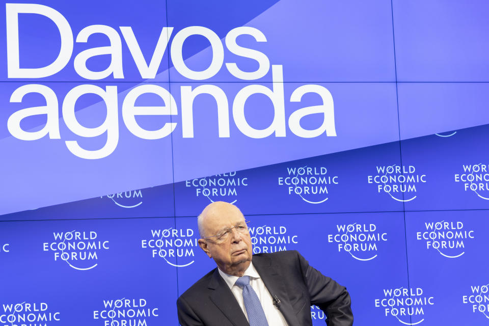 German Klaus Schwab, Founder and Executive Chairman of the World Economic Forum (WEF), arrives for the opening Davos Agenda 2022, in Cologny near Geneva, Switzerland, Monday, Jan. 17, 2022. The Davos Agenda, from 17 to 21 January 2022, is an online edition due to the coronavirus disease (COVID-19) outbreak gather global leaders to shape the principles, policies and partnerships needed in this challenging context. (Salvatore Di Nolfi/Keystone via AP)