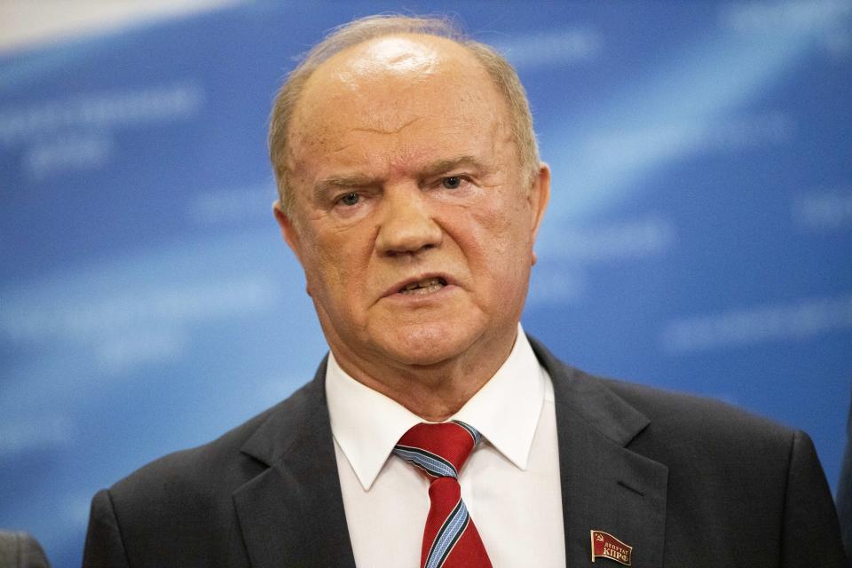 FILE - In this file photo taken on Wednesday, July 22, 2020, Russian Communist Party leader Gennady Zyuganov speaks to the media prior to a session at the State Duma, the Lower House of the Russian Parliament, in Moscow, Russia. The head of Russia's second-largest political party is alleging widespread violations in the election for a new national parliament, in which his party is widely expected to gain seats. Communist Party head Gennady Zyuganov said on Saturday, the second of three days of voting in the election, that police and the national elections commission must respond to reports of "a number of absolutely egregious facts" including ballot-stuffing in several regions. (AP Photo/Alexander Zemlianichenko, File)