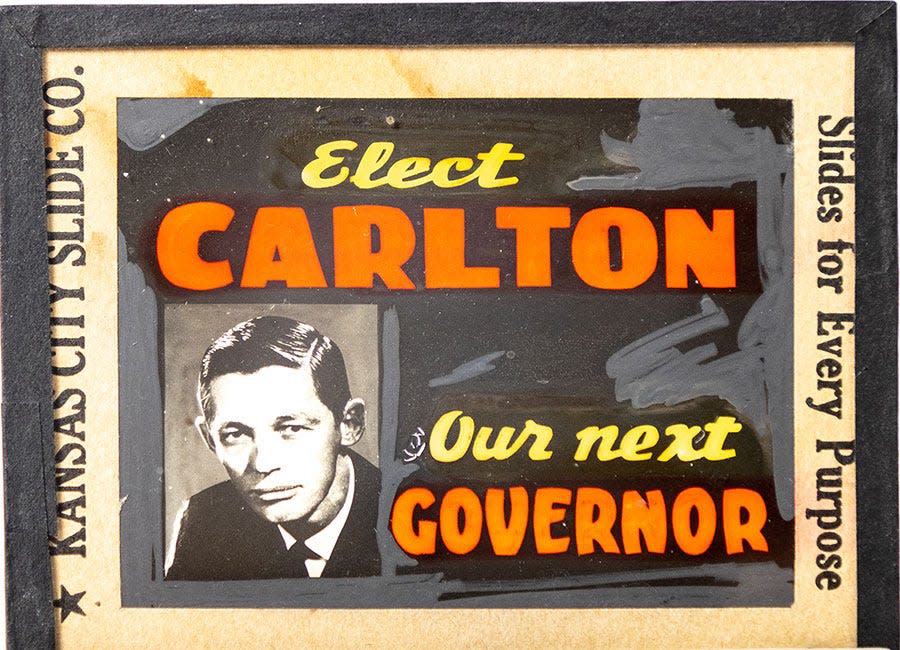 Doyle Carlton, Jr. slide, 1960 on loan courtesy of John Clark, Tallahassee: this glass slide was used in cinema as a pre-movie advertisement for Carlton’s gubernatorial campaign. It's part of the "Vote for Me" exhibit at the Historic Capitol Museum, closing Nov. 8, 2022.