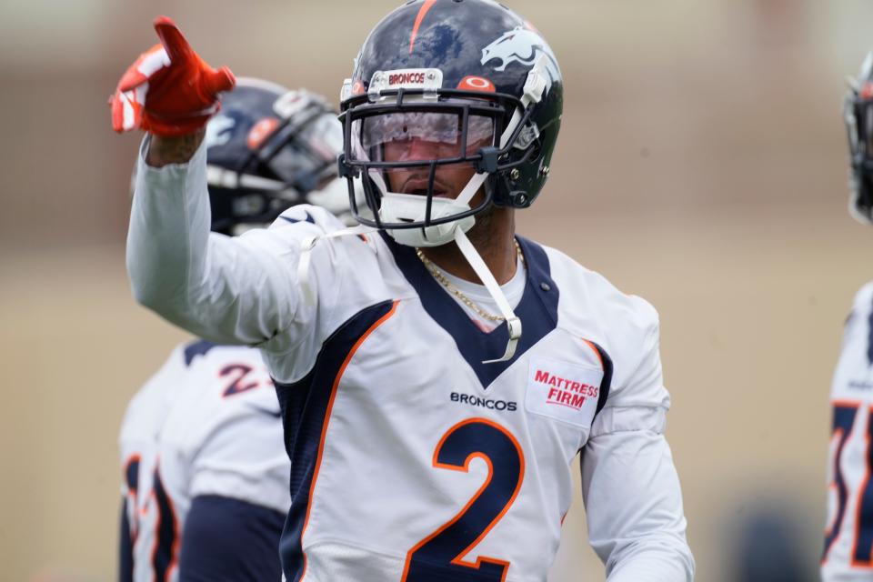 Denver Broncos cornerback Pat Surtain II takes part in drills Tuesday, May 31, 2022, at the NFL football team's headquarters in Centennial, Colo.
