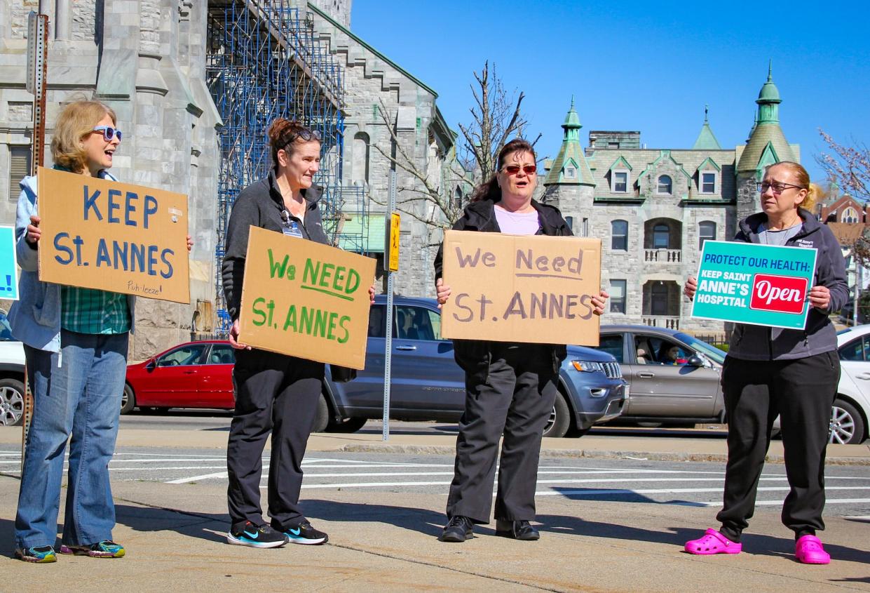 Health care workers and their supporters rally outside Saint Anne's Hospital in Fall River, pushing for secure ownership of Steward Health Care facilities, on Thursday, April 25, 2024.