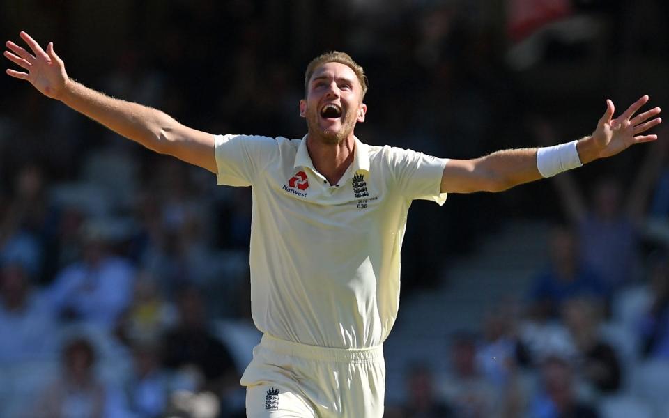 England's Stuart Broad celebrates after taking the wicket of Australia's Steve Smith during play on the fourth day of the fifth Ashes cricket Test match between England and Australia at The Oval in London on September 15, 2019 - THE ECBDANIEL LEAL-OLIVAS/AFP/Getty Images