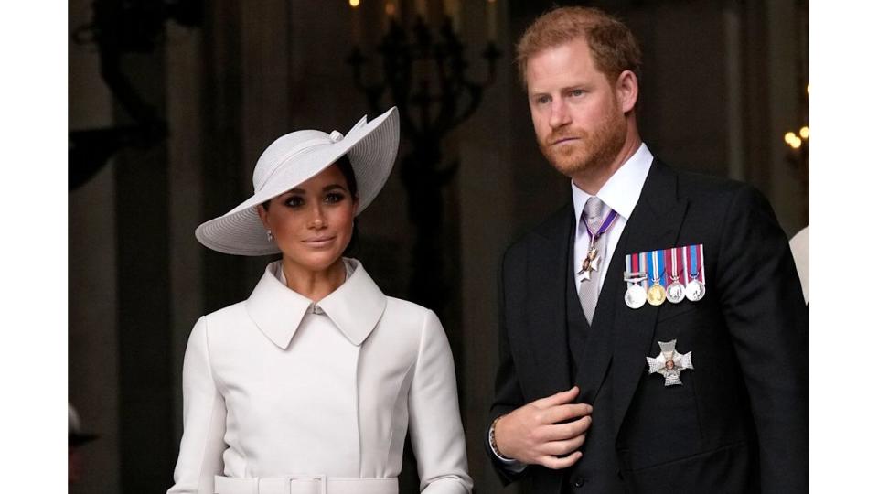 Prince Harry and Meghan Markle leave after a service of thanksgiving for the reign of Queen Elizabeth II 