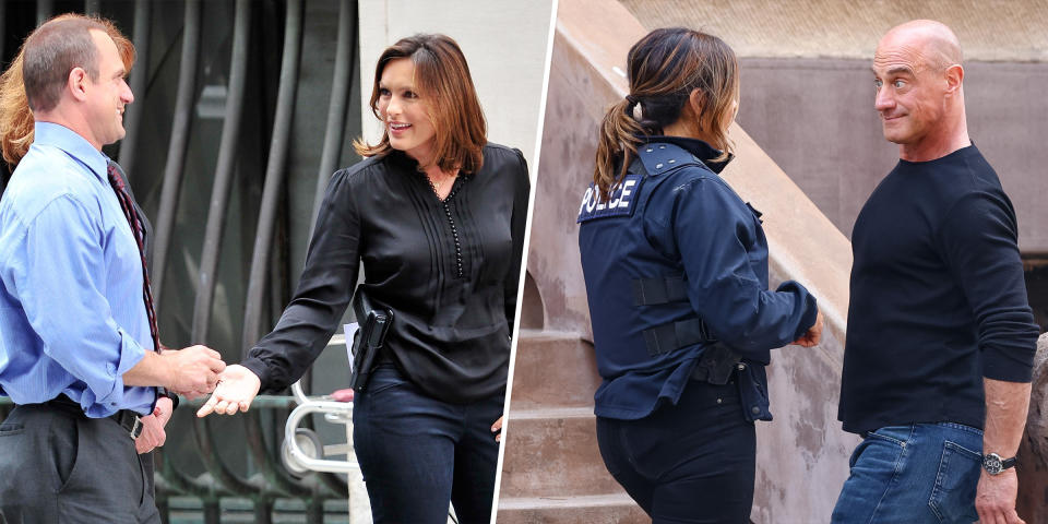 While their characters are usually all business, Hargitay and Meloni are actual comedians with each other off-camera, as seen in 2009 (left) and 2022 (right). (Getty Images)