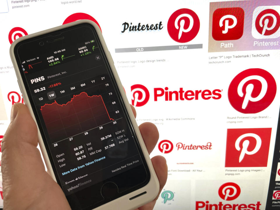 Nuotrauka: STRF/STAR MAX/IPx 2021 7-30-21 „Pinterest“ akcijos smuko 19%, nuviliantis vartotojų augimą, nes vis daugiau žmonių išeina į lauką, nes CDC palengvina COVID-19 apribojimus. STAR MAX Nuotrauka: 7-30-21 Pinterest logotipai ir diagrama, nufotografuota iš kelių Apple įrenginių.