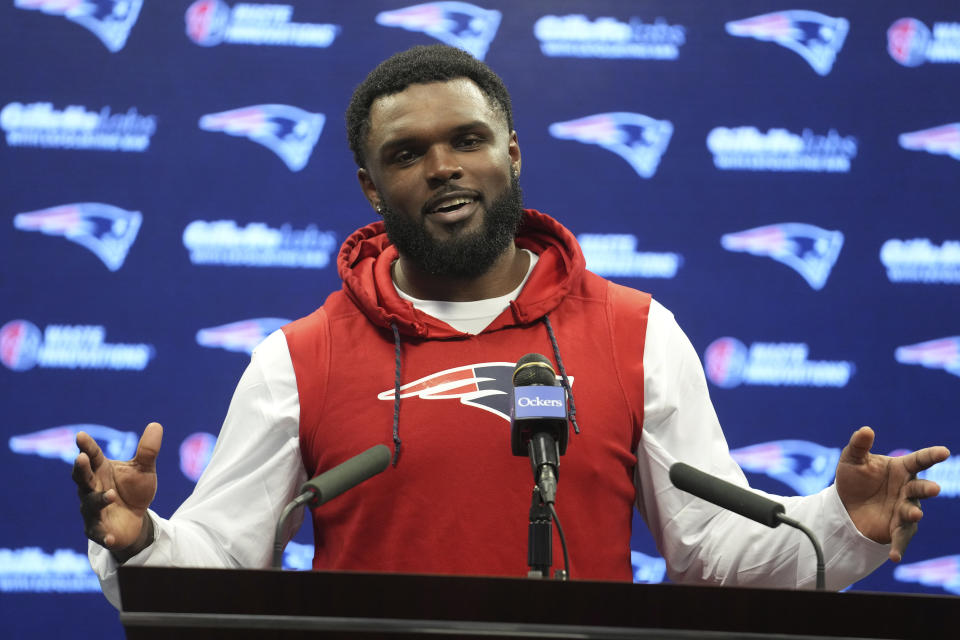 New England Patriots linebacker Ja'Whaun Bentley speaks with reporters during an NFL football news conference, Tuesday, July 25, 2023, in Foxborough, Mass. (AP Photo/Steven Senne)