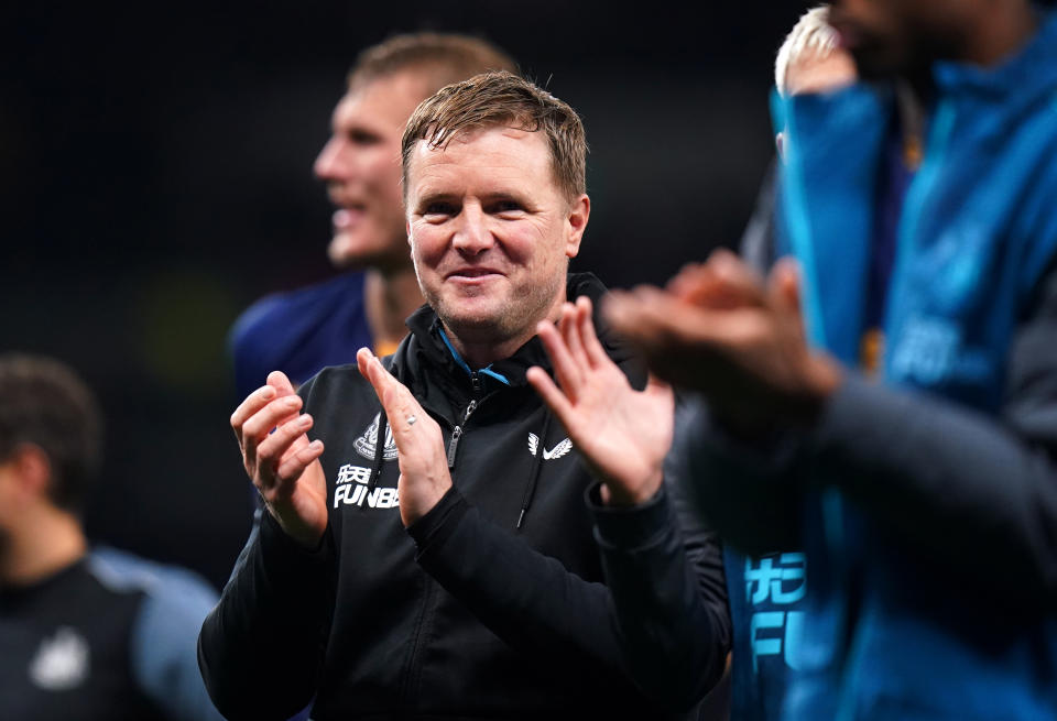 Newcastle United manager Eddie Howe applauds the fans after their 2-1 Premier League win over Tottenham. 