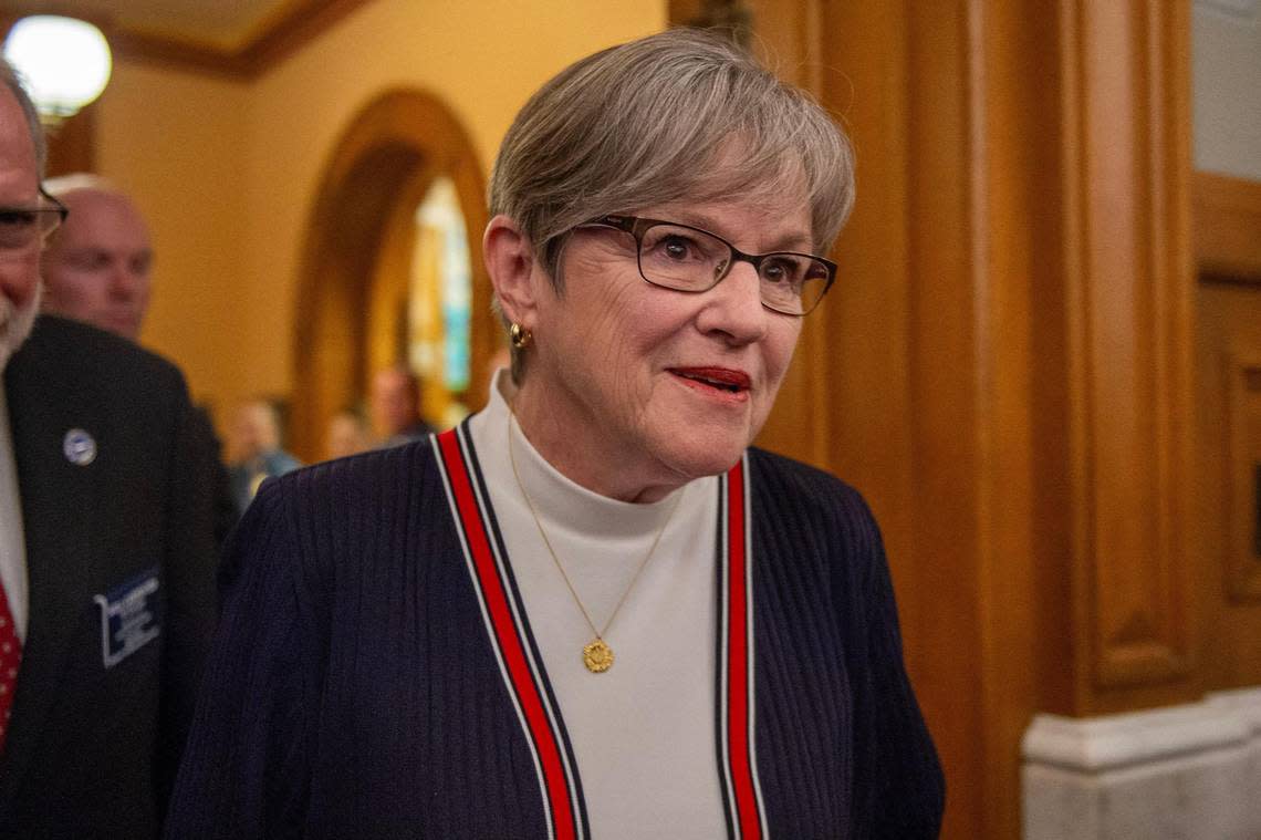 Kansas Governor Laura Kelly enters the House chamber for the State of the State address at the Kansas State Capitol on Wednesday, Jan. 10, 2024, in Topeka, Kansas.