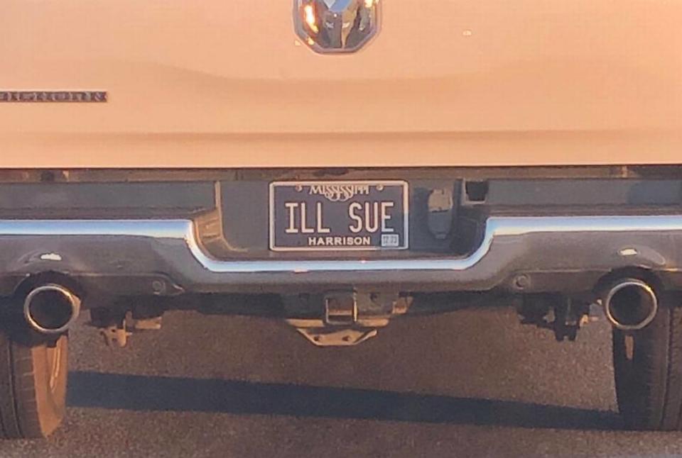 Don’t get on this driver’s bad side with this “Ill SUE” license plate. Hannah Ruhoff/Sun Herald