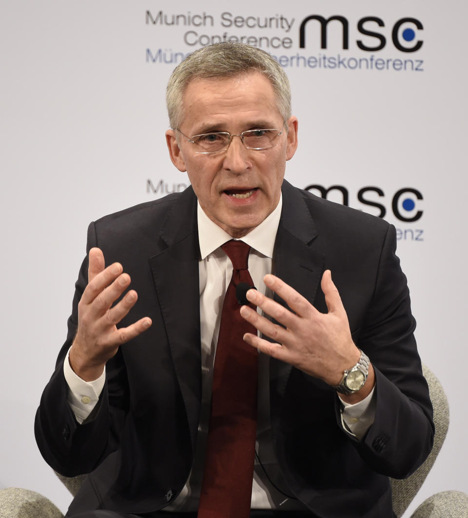 NATO Secretary General Jens Stoltenberg speaks on the second day of the Munich Security Conference in Munich, Germany, Saturday, Feb. 15, 2020. (AP Photo/Jens Meyer)