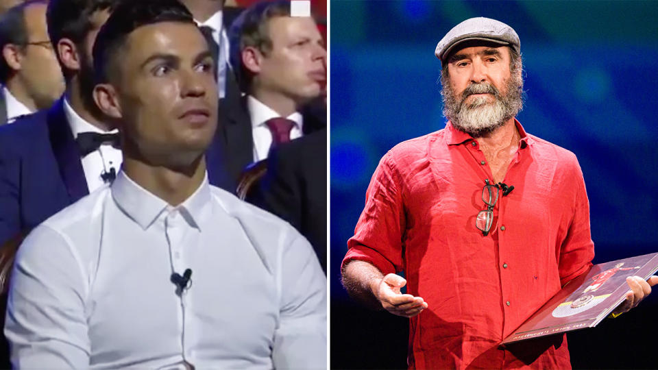 Ronaldo looks on as former footballer Eric Cantona speaks after awarded during the Kick-Off 2019/2020 - UEFA Champions League Draw on August 29, 2019 in Monaco, Monaco. (Photo by Eurasia Sport Images/Getty Images)