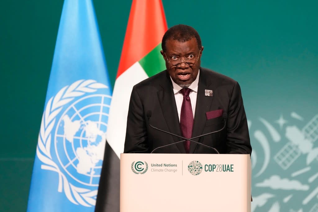 Former Namibian Hage Geingob speaks during a plenary session at the COP28 U.N. Climate Summit, on Dec. 1, 2023, in Dubai, United Arab Emirates. (AP Photo/Peter Dejong, File)