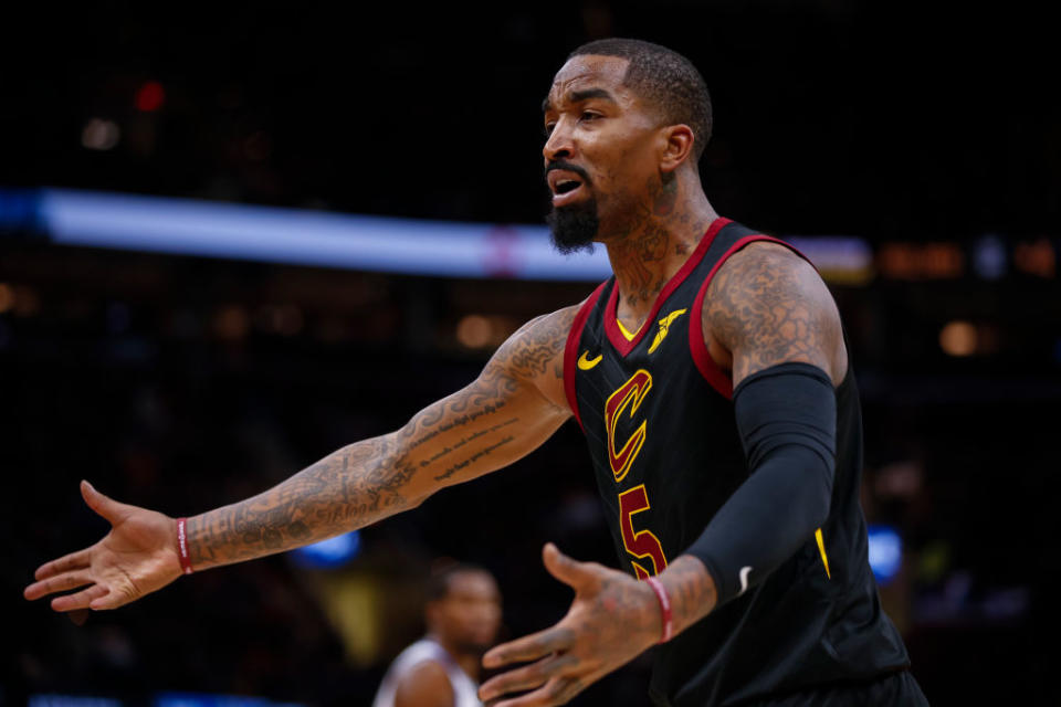 J.R. Smith just wants you to show him where, specifically, the rules say that you can’t throw a bowl of soup at someone. SPECIFICALLY. (Getty)