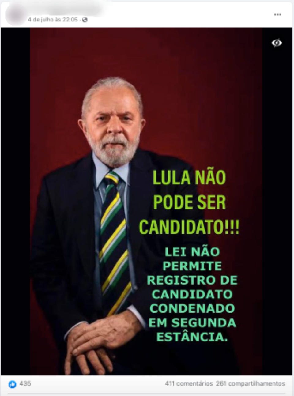 Captura de tela de uma publicação que alega que o ex-presidente Lula não pode ser candidato por ter sido condenado em segunda instância (Foto: Facebook / Reprodução)
