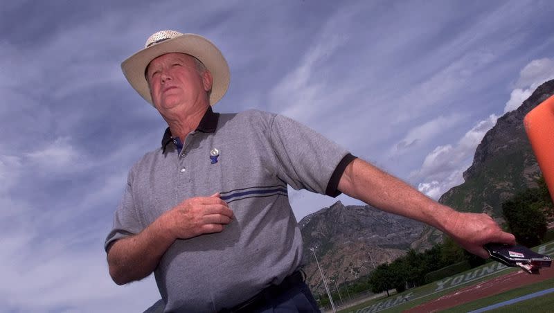 BYU track coach Willard Hirschi coaches on the track at BYU Thursday, May 25. The popular former longtime BYU coach died Aug. 5, 2023, at the age of 89.