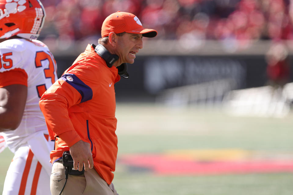 LOUISVILLE, KY - OCTOBER 19: Clemson Tigers head coach Dabo Swinney reacts during the game against the Clemson Tigers and the Louisville Cardinals on October 19th 2019, at Cardinal Stadium in Louisville, KY. (Photo by Ian Johnson/Icon Sportswire via Getty Images)