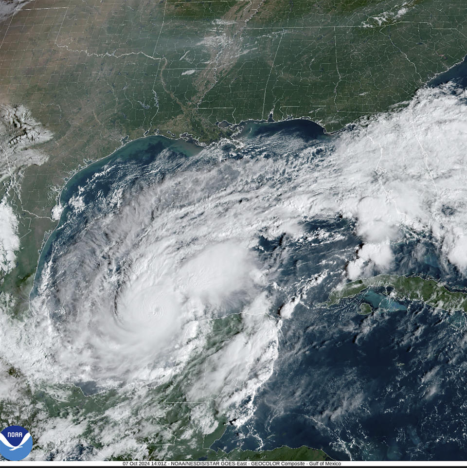 This satellite image provided by the National Oceanic and Atmospheric Administration on Monday, Oct. 7, 2024, shows Hurricane Milton. (NOAA via AP)