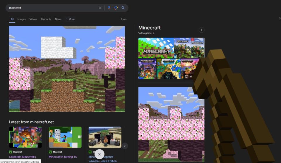 《Minecraft》15週年，google搜尋「Minecraft」直接現場開挖小心苦力怕（圖源：google）