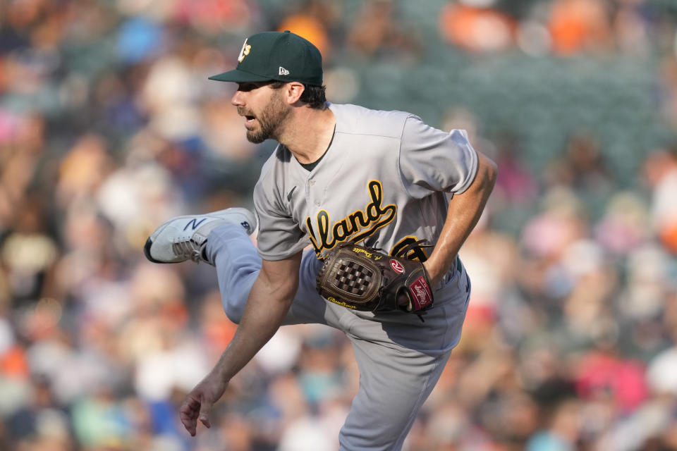 Oakland Athletics starting pitcher Austin Pruitt throws during the third inning of a baseball game against the Detroit Tigers, Wednesday, July 5, 2023, in Detroit. (AP Photo/Carlos Osorio)