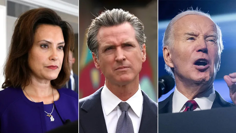 Gretchen Whitmer, Gavin Newsom and Joe Biden looking grim