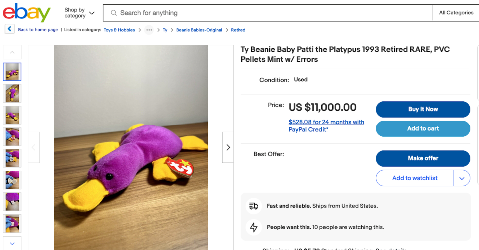 An owner can list a Beanie Baby for any price on a site like eBay, but that doesn’t mean a buyer will pay that much. Screen capture by The Conversation