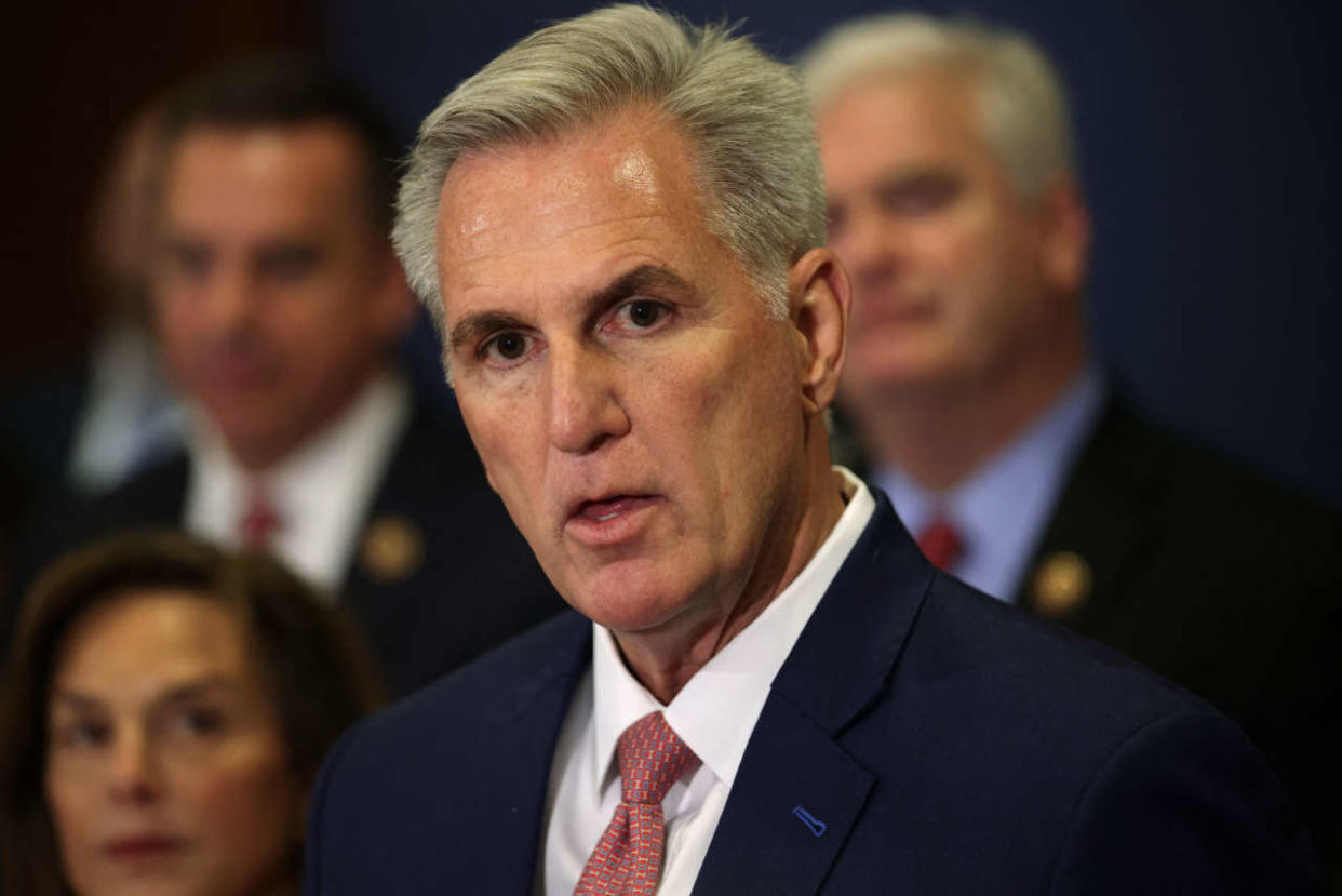 WASHINGTON, DC - NOVEMBER 15: Flanked by members of his incoming leadership team, House Minority Leader Rep. Kevin McCarthy (R-CA) (C) speaks to members of the press after the House Republican Conference voted for him to be its nominee for Speaker of the House in the U.S. Capitol Visitors Center on November 15, 2022 in Washington, DC. McCarthy was elected leader of the caucus, paving the way for his election to Speaker of the House if the GOP wins control of the House of Representatives.   Alex Wong/Getty Images/AFP (Photo by ALEX WONG / GETTY IMAGES NORTH AMERICA / Getty Images via AFP)